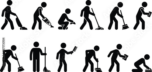 Cleaning worker pictogram icon set showing janitorial maintenance activities with vacuum mop broom tools isolated silhouettes background studio