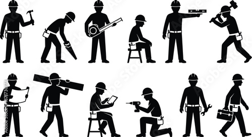 Construction worker silhouette icon set showing builders using tools performing various labor tasks isolated black figures