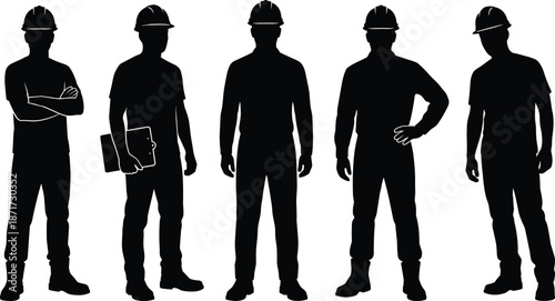 Construction worker silhouette set showing professional builders standing confident poses with safety helmets isolated black figures