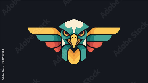 Colorful stylized eagle totem illustration with vibrant wings and sharp eyes.
