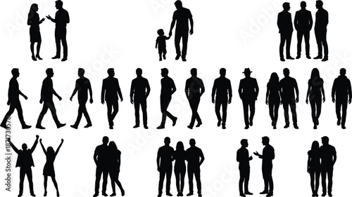 People silhouette collection showing walking standing talking family and group interactions daily life poses isolated black figures