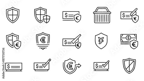 Financial security icons collection featuring shield, currency, and protection symbols in a grid layout on a white background
