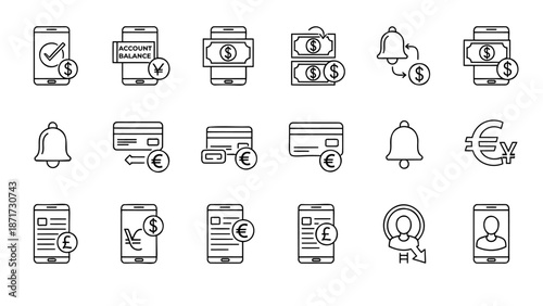Collection of financial technology icons representing mobile banking and payment services