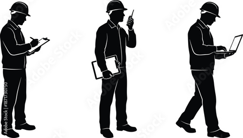Construction supervisor silhouette set showing site inspection communication and digital reporting using clipboard radio laptop isolated black figures