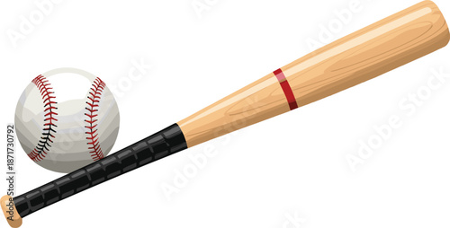 Baseball bat and ball illustration showing detailed wooden bat and classic stitched ball in a clean sports vector design