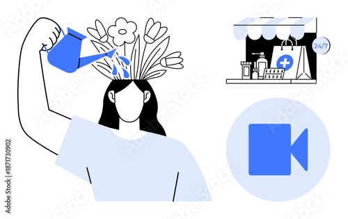 Mental wellness, online therapy, telemedicine, self-care, pharmacy services, virtual communication. Person watering flowers on head, pharmacy icon video call symbol. Mental wellness and online