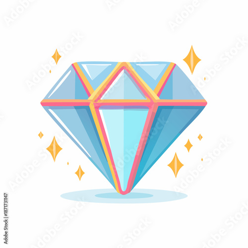 Illustration of a Brilliant Light Blue Diamond with Pastel Accents and Sparkling Stars