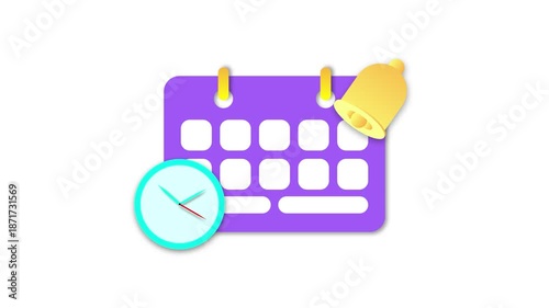 Animated Calendar Reminder with Alarm Bell and Clock Schedule Planning, Time Management and Event Notification Motion Graphic on White Background
