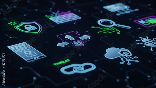 Cybersecurity digital icons and symbols on dark background.