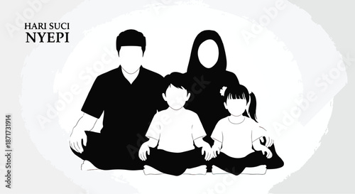 Family praying during Nyepi day in Bali