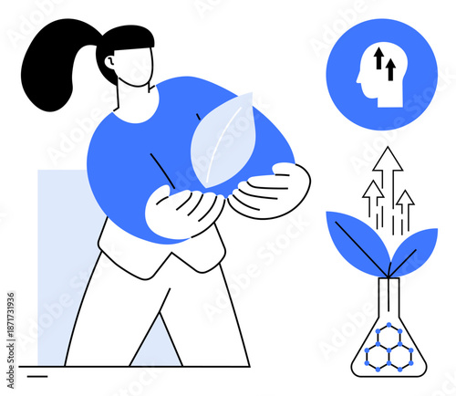 Sustainability concept. Sustainability through plant growth, scientific research, and human progress. Sustainability promotes eco-friendly solutions and green innovation. For renewable energy