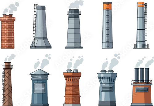 Industrial Chimneys Vector Illustrations of Factory Stacks with Smoke