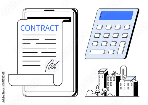 Legal agreement digitalization, financial planning, business contracts, online technology, real estate solutions, corporate tools. Tablet with contract, calculator and buildings. Digitalization