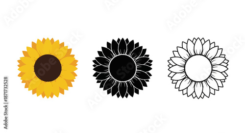 Minimalist illustration set of sunflower silhouettes, Symbolizing warmth and optimism, flat vector design illustration.