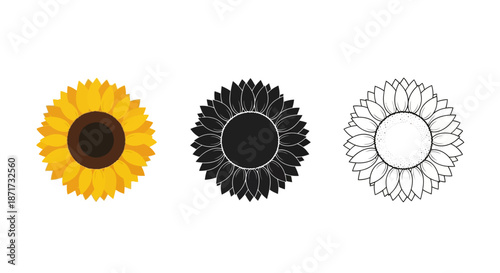 Minimalist illustration set of sunflower silhouettes, Symbolizing warmth and optimism, flat vector design illustration.