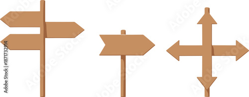 Collection of wooden directional signposts with multiple arrow shapes pointing different directions in simple rustic vector style