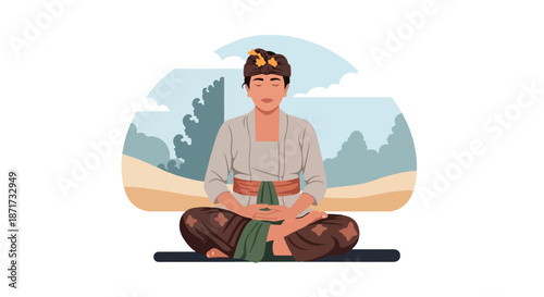 Balinese man meditating in nature scene