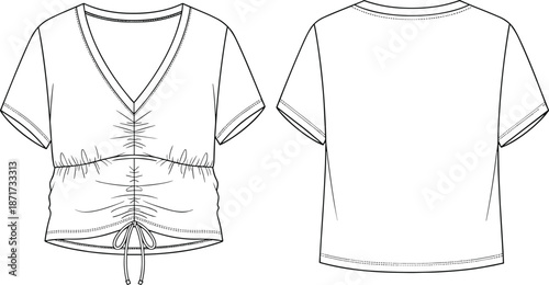 Women ruched v neck t shirt technical sketch, fitted casual top design, front back view, drawstring detail, fashion flat illustration