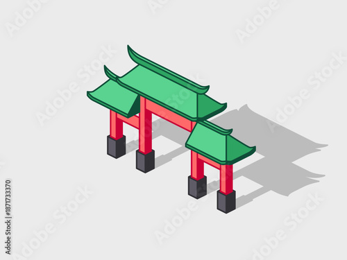 Paifang Chinese gate isometric vector illustration with shadow