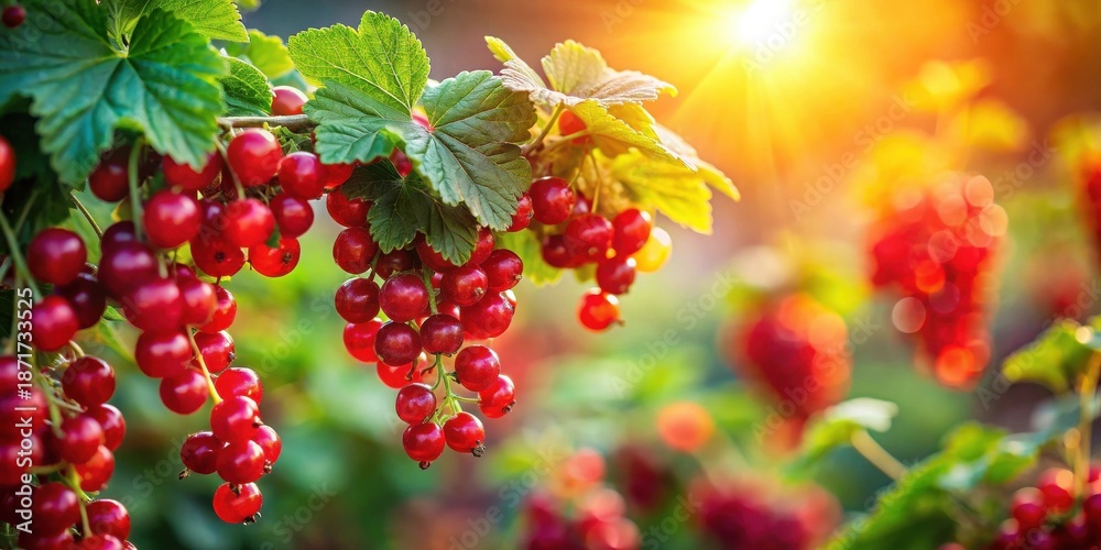 Obraz premium Sunlight Dapples Ripe Red Currants Hanging Abundantly on Lush Green Foliage in a Vibrant Garden Setting