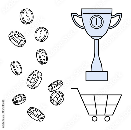 Financial success concept. Financial symbols include coins, a trophy, and a shopping cart, achievement, rewards, and commerce. Financial planning and goals. For e-commerce savings rewards programs