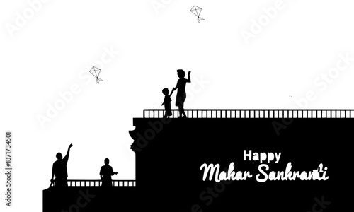 Happy Makar Sankranti Rooftop Silhouette, Family Flying Kites Terrace Vector, Father Child Patang Illustration, Festive Kite Festival Black Art