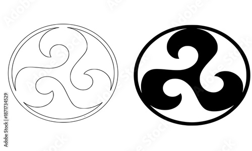 Mitsu Tomoe Symbol, Japanese Shinto Trinity Icon, Threefold Swirl Vector, Hidari Gomon Line Art, Black Tomoe Emblem Illustration