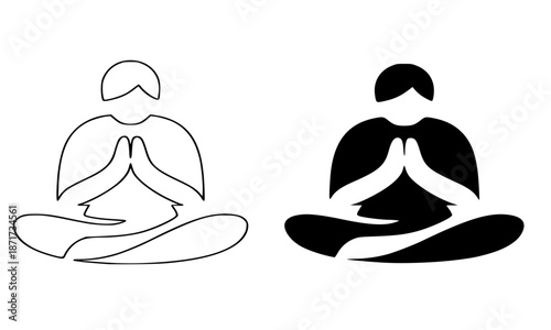 Yoga Meditation Pose Silhouette, Lotus Position Line Art, Mindfulness Zen Illustration, Black and White Vector Icon