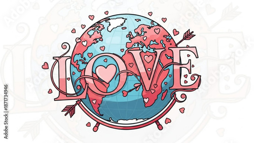 Globe with LOVE text and hearts symbolizing global affection and romance perfect for Valentines Day or relationship concepts