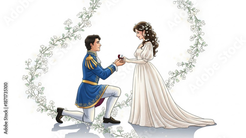 Prince proposes to princess with engagement ring romantic fairytale scene with floral border illustration for wedding or love story