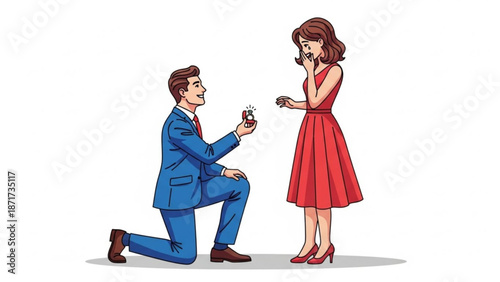 Man proposing marriage to surprised woman with engagement ring romantic proposal scene illustration for wedding and relationship concepts
