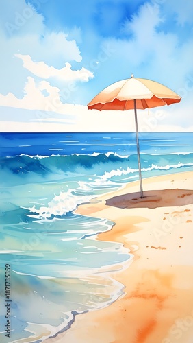 Watercolor view of an ocean beach with an umbrella and waves