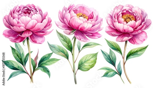 Watercolor illustration showcasing three vibrant pink peony flowers