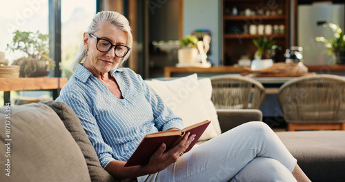Bild auf Leinwand Reading, book and senior woman in home with glasses, calm and literature insight on weekend rest