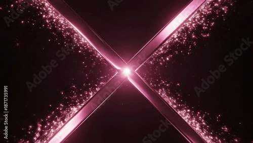 Abstract neon pink X-shaped glow with sparkling particles converging at center, dark background glow