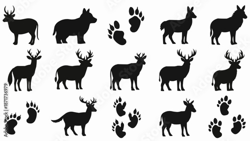 Deer and Animal Paw Print Silhouettes Collection.