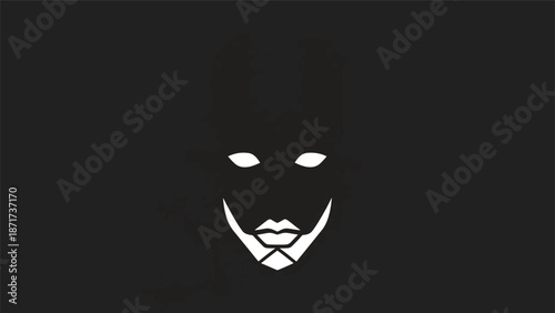 Mysterious face silhouette with glowing eyes and geometric design, dark background.