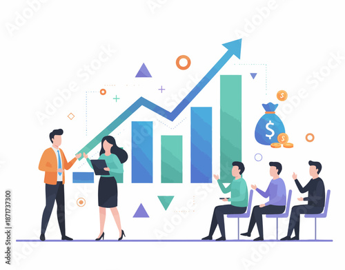 Teamwork Business Startup Illustration with Creative Team Collaboration and Growth Concept. This illustration represents a modern business startup teamwork concept, showing a diverse creative team col