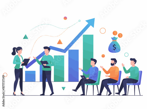 Teamwork Business Startup Illustration with Creative Team Collaboration and Growth Concept. This illustration represents a modern business startup teamwork concept, showing a diverse creative team col