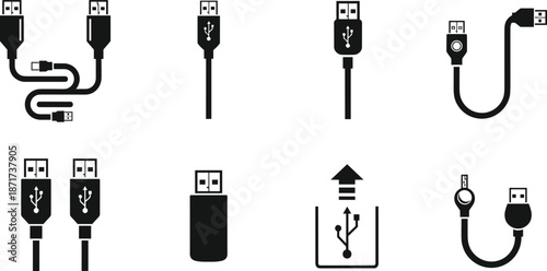 USB cables and connectors silhouette icon set with different plugs and adapters, data transfer and charging equipment collection, technology vector illustration pack