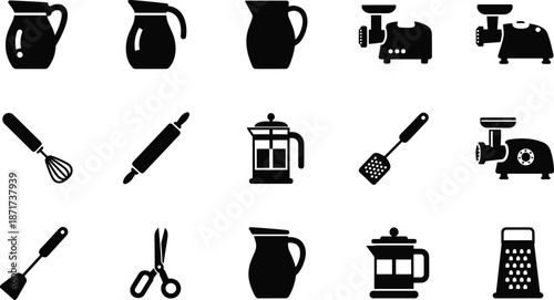 Kitchen utensils and appliances silhouette icon set with pitchers whisks grinders graters and coffee press tools, cooking equipment vector illustration collection