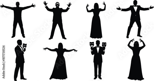 Set of dramatic theater actor silhouettes with masks and expressive poses, stage performance characters collection for opera drama and comedy illustration isolated vector