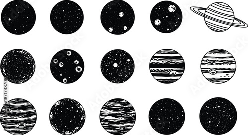 Set of textured planet icons and space circles with rings and craters, hand drawn celestial bodies collection, black and white astronomy illustration isolated vector
