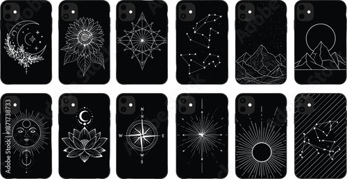 Set of black smartphone case designs with celestial stars and constellations, modern cosmic phone cover collection, minimalist astronomy themed protective shell mockup vector