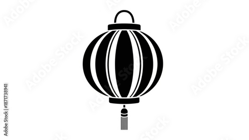 A black and white illustration of a traditional asian lantern with a handle and tassel hanging down with icon and graphic and symbol and decorative