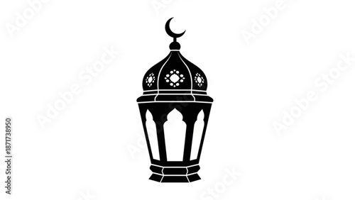 Elegant black lantern with crescent moon finial and intricate cutout designs on a clean white background for decorative and cultural themes with Islamic art