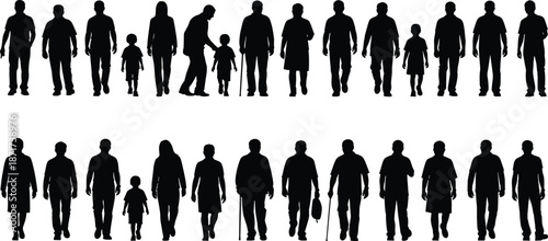 Family silhouettes of parents and children walking together, black vector people collection for parenting, lifestyle, generation and community concept illustration designs