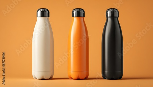Three sleek, insulated water bottles in off-white, orange, and black stand against a muted orange background.  Each bottle features a simple, dark metallic cap