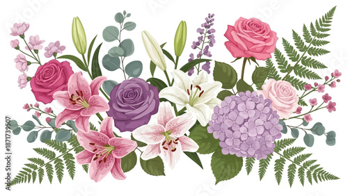 Lush Horizontal Floral Arrangement with Pink Lilies Purple Pink Roses Lavender Eucalyptus Fern on Isolated White Background