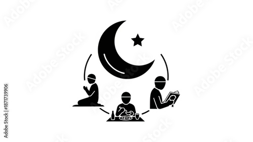 Black silhouette of people praying and reading under a crescent moon and star on white background for ramadan or islamic celebration with prayer